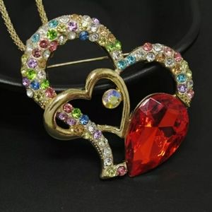 Double Heart Rhinestone Necklace/Brooch